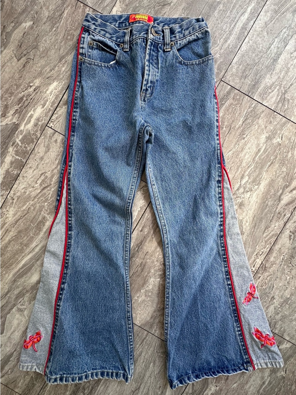 Squeeze Jeans Girls Size 10 Y2K Flare Wide Leg Dragonfly Embroidered Denim Rare